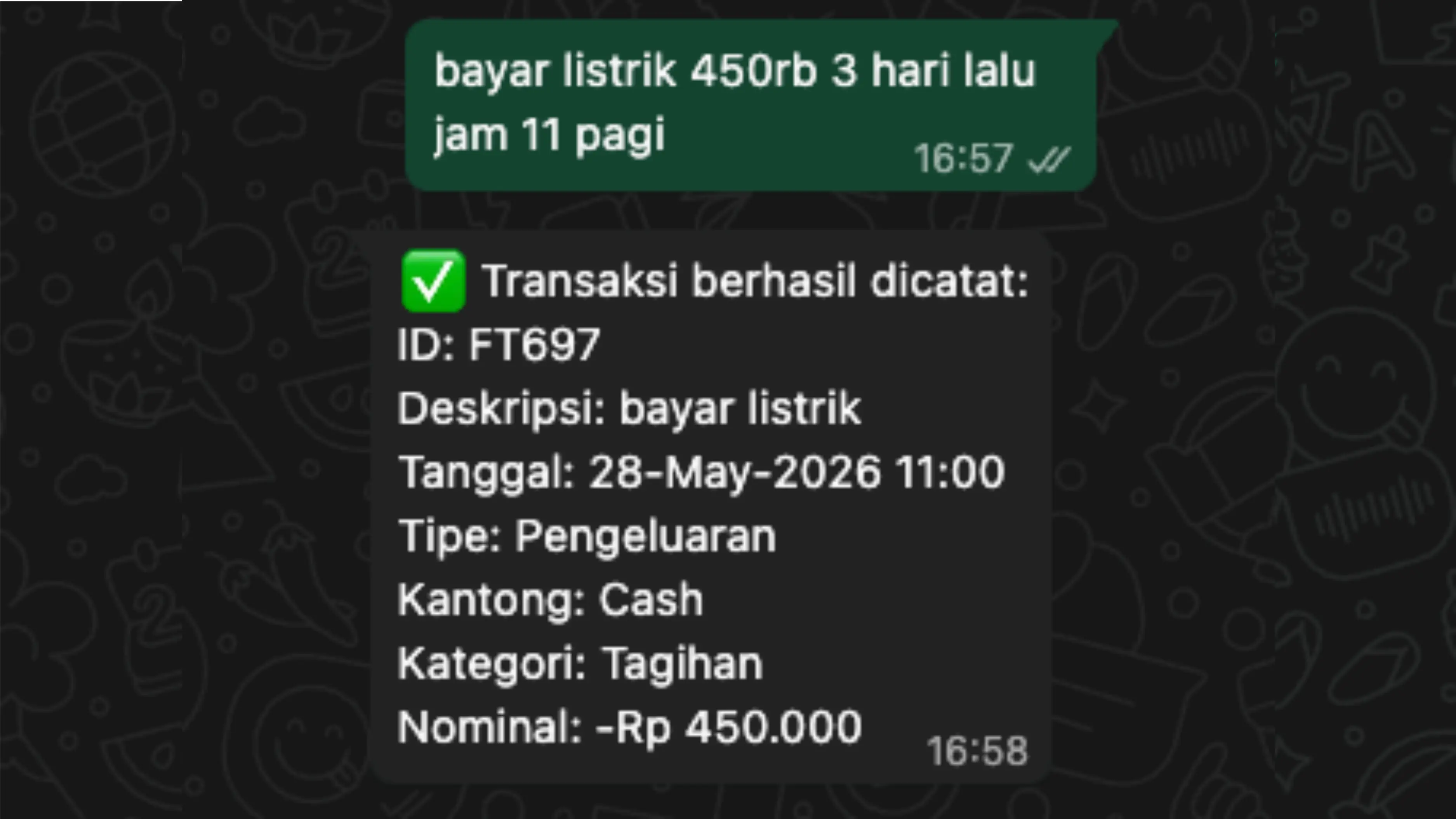 Placeholder gambar untuk Contoh 2: bayar listrik 450rb 3 hari lalu jam 11 pagi